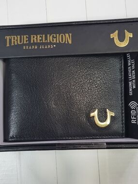 True Religion Black Leather Wallet with Gold Logo Accent